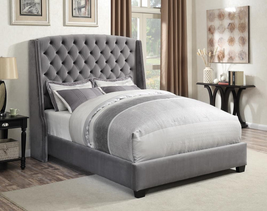 Pissarro Transitional Upholstered Grey and Chocolate Queen Bed - Eclectic 79 Furniture Store