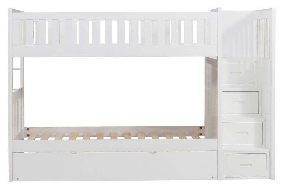 Galen Bunk Bed w/ Reversible Step Storage and Twin Trundle in White B2053SBW-1*R